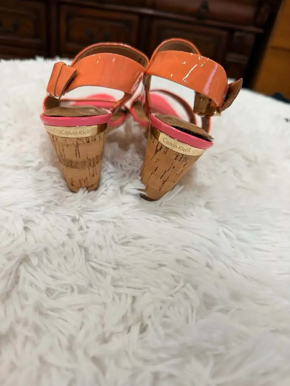 Calvin Klein Orange Patent Leather Cork Wedge Sandals